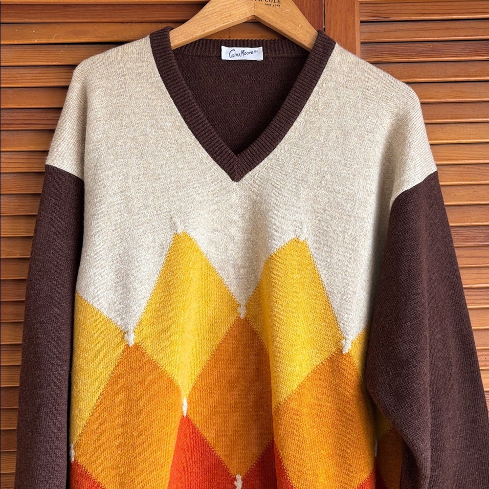 Coins Moore Colorful Merino Wool V-Neck Vintage Sweater size‎ XL - Picture 11 of 14